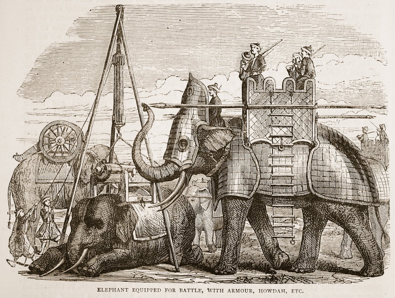 Słoń wyposażony do walki, w zbroi, howdah itp., ilustracja z Cassells Illustrated History of India autorstwa Jamesa Granta, wyd. 1879 autorstwa English School