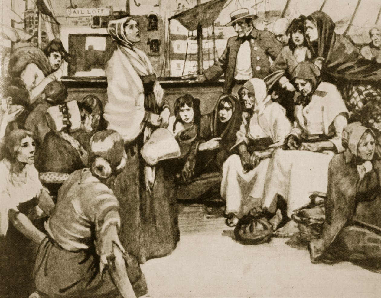 Elizabeth Fry rozmawiająca z więźniami na statku ze skazańcami autorstwa English School