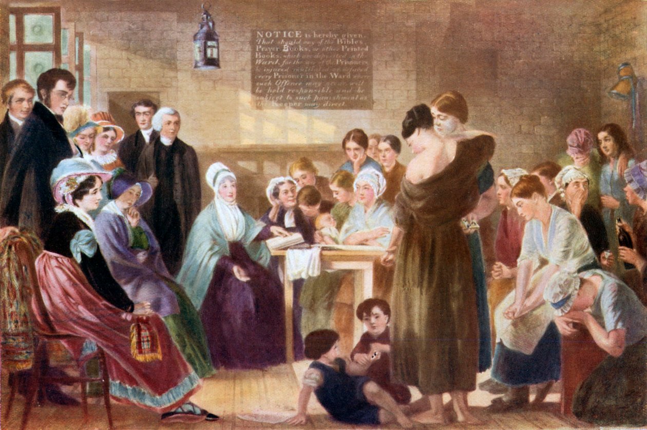 Elizabeth Fry odwiedzająca więzienie Newgate (kolorowa litografia) autorstwa English School