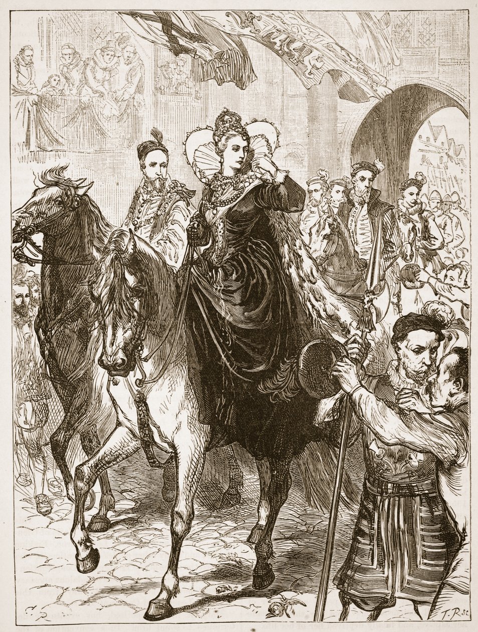 Publiczne wejście Elżbiety do Londynu, ilustracja z Ilustrowanej Historii Anglii Cassella (zdjęcie w sepii) autorstwa English School