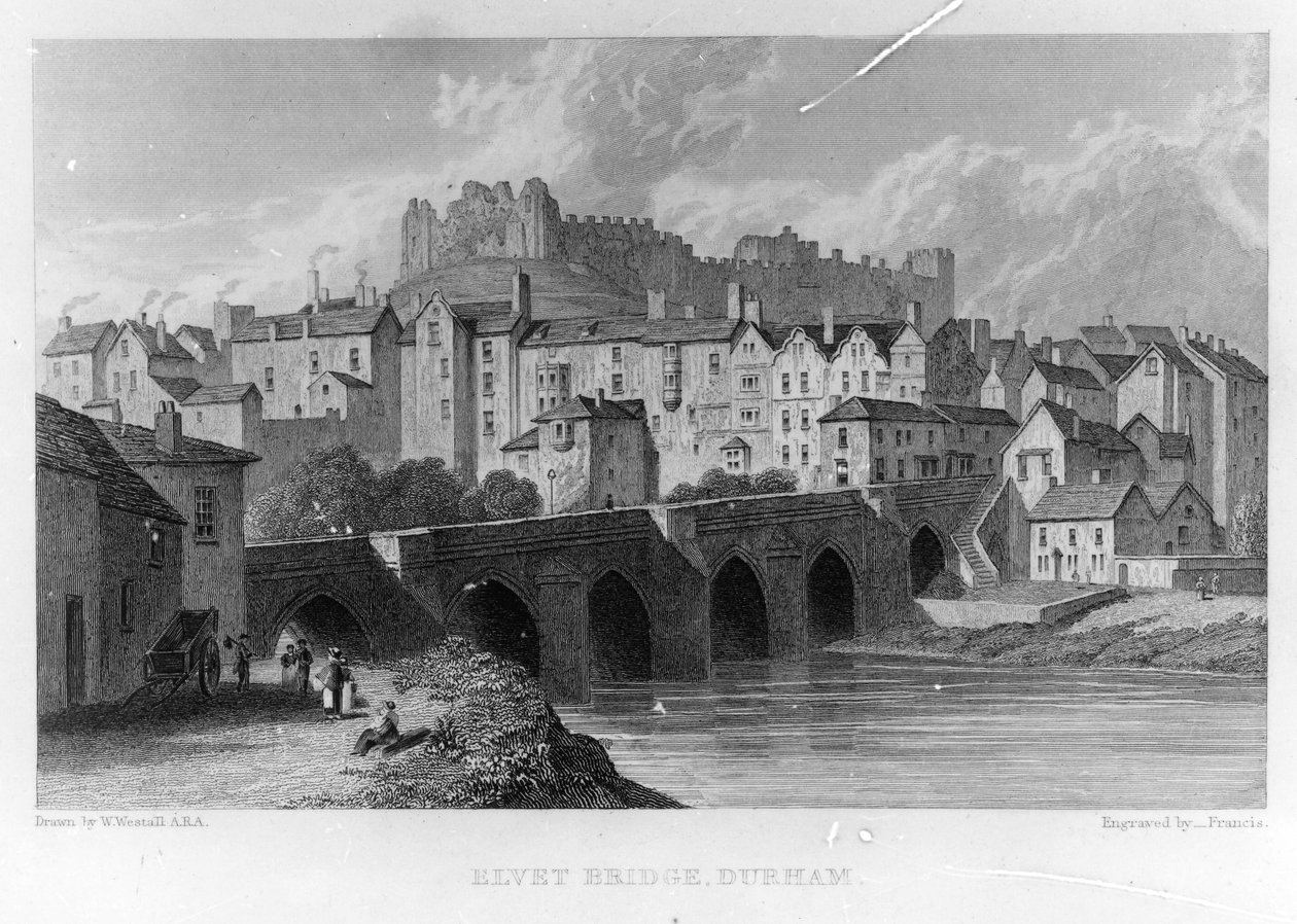 Elvet Bridge, Durham, grawerowane przez ? Frances według W. Westalla, 1829 autorstwa English School