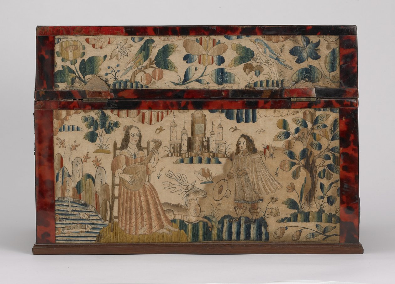 Haftowana trumna, ok. 1660 (jedwab, płótno, drewno, szylkret i srebrne oprawy) autorstwa English School