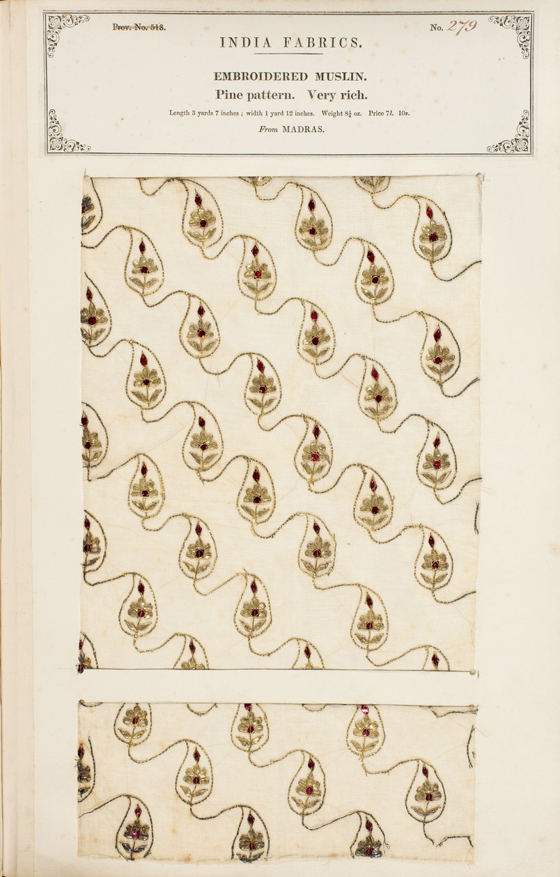 Próbka haftowanego muślinu z Madrasu, z The Collection of the Textile Manufacturers of India, autorstwa Johna Forbesa Watsona, opublikowana w 1866 r. autorstwa English School