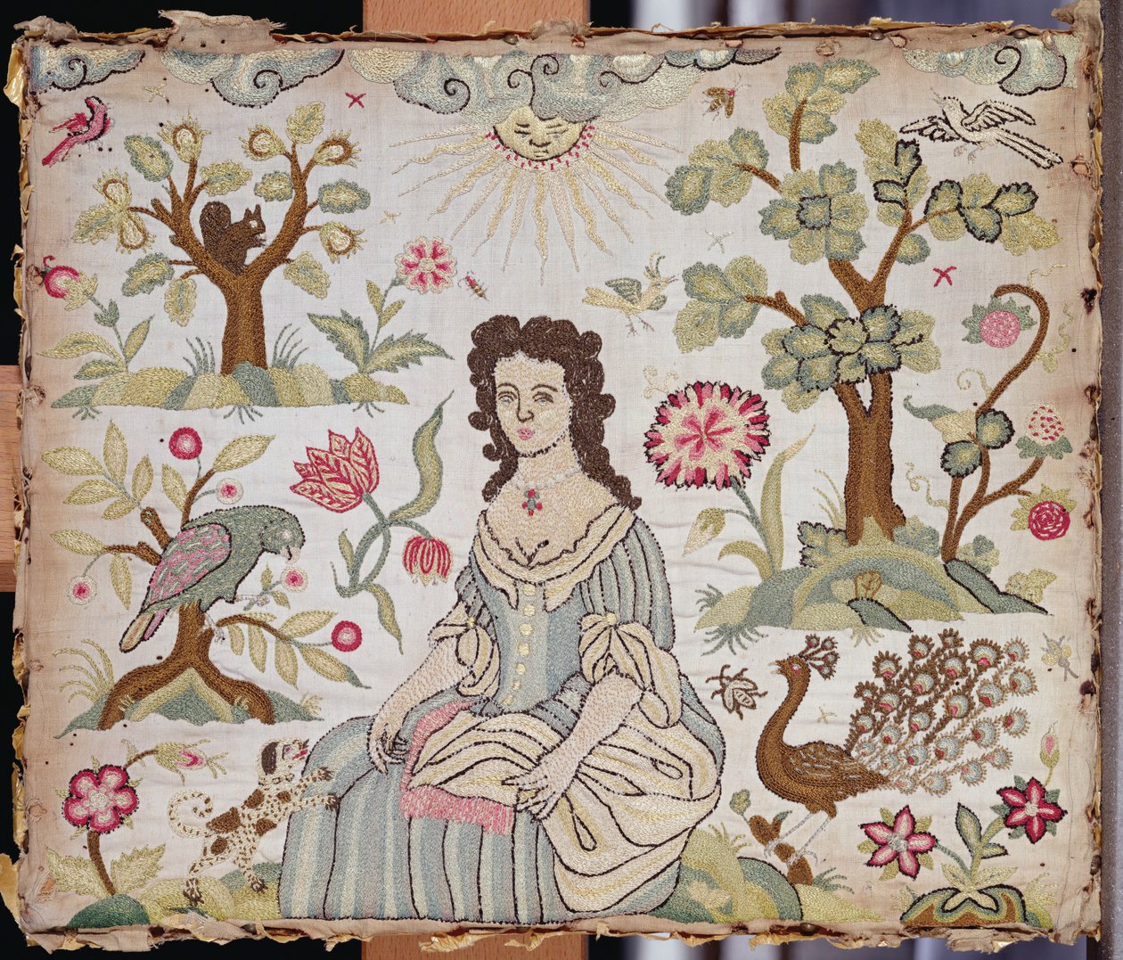 Panel haftowany przedstawiający damę w ogrodzie, ok. 1700 (jedwab) autorstwa English School