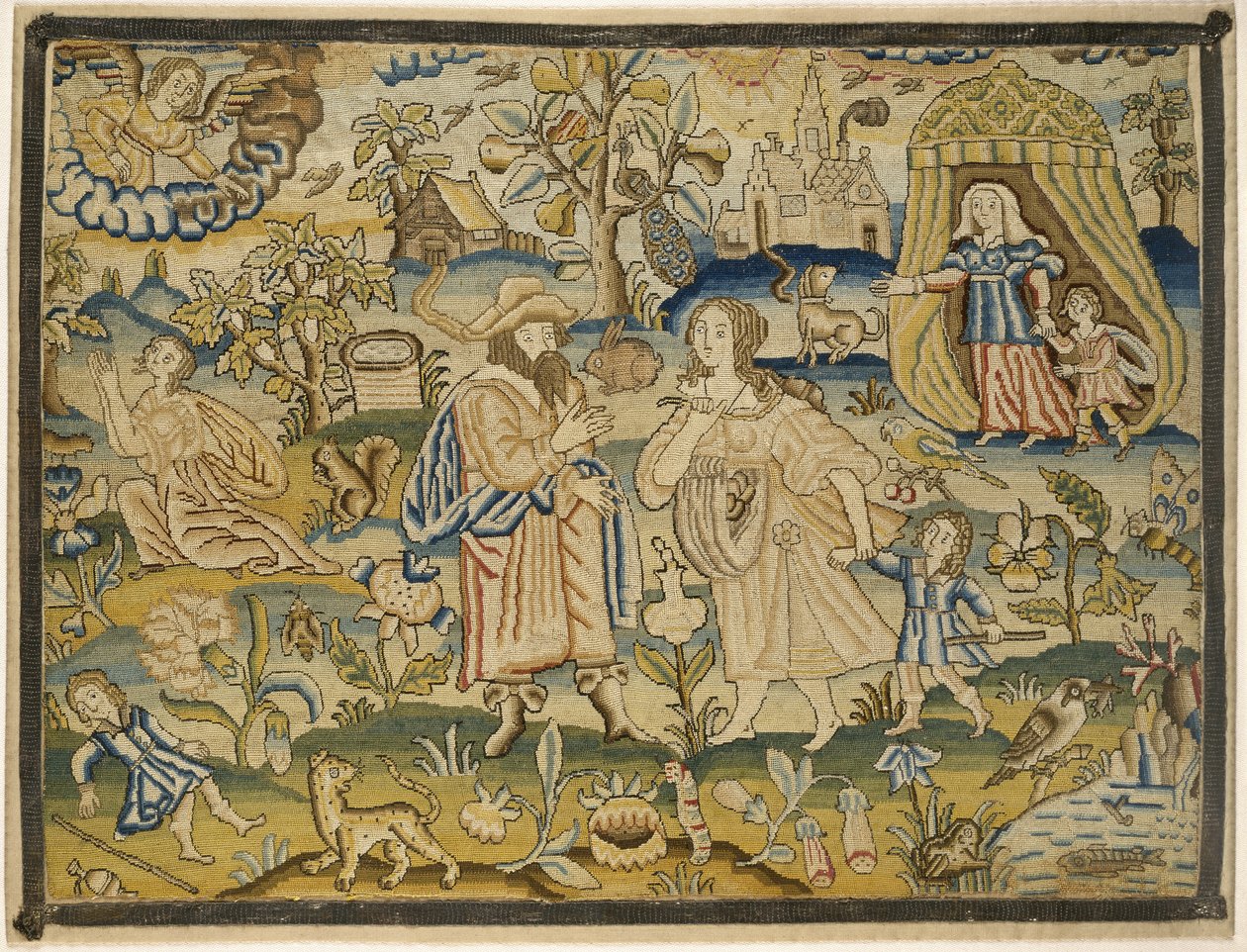 Obraz haftowany: Abrahamowe zwolnienie Hagar, poł. XVII w. (nici jedwabne na płótnie) autorstwa English School