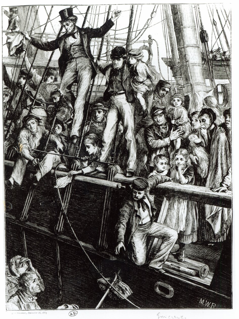 Emigranci opuszczają Starą Anglię, z magazynu The Graphic, 18 grudnia 1869 autorstwa English School
