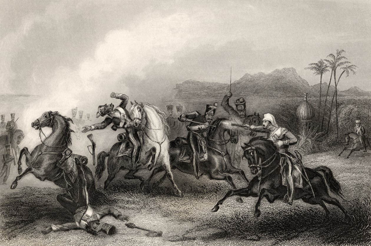 Spotkanie porucznika Hillsa z oddziałem kawalerii Sepoy, z "Historii buntu indyjskiego", opublikowanej w 1858 r. autorstwa English School