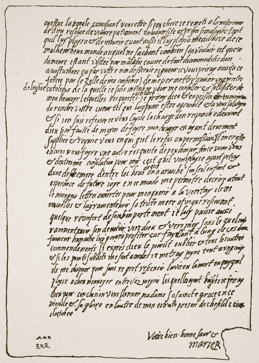 Koniec listu do królowej Elżbiety, od Marii, królowej Szkotów, kiedy przebywała w więzieniu, prosząc o katolickiego kapelana, ilustracja z The Church of England: A History for the People autorstwa H.D.M. Spence-Jo autorstwa English School