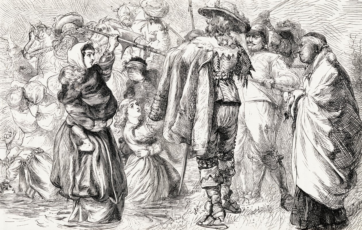 Angielscy protestanci topieni przez irlandzkich katolików podczas irlandzkiego buntu w 1641 r., ok. 1865 r. (drewno) autorstwa English School