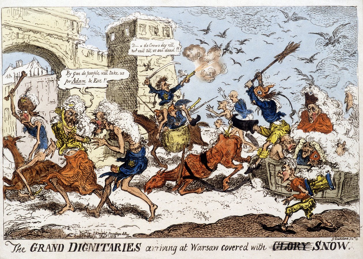 Angielska kreskówka o przybyciu armii napoleońskiej do Warszawy pod śniegiem po odwrocie Rosjan w grudniu 1812 roku. autorstwa English School