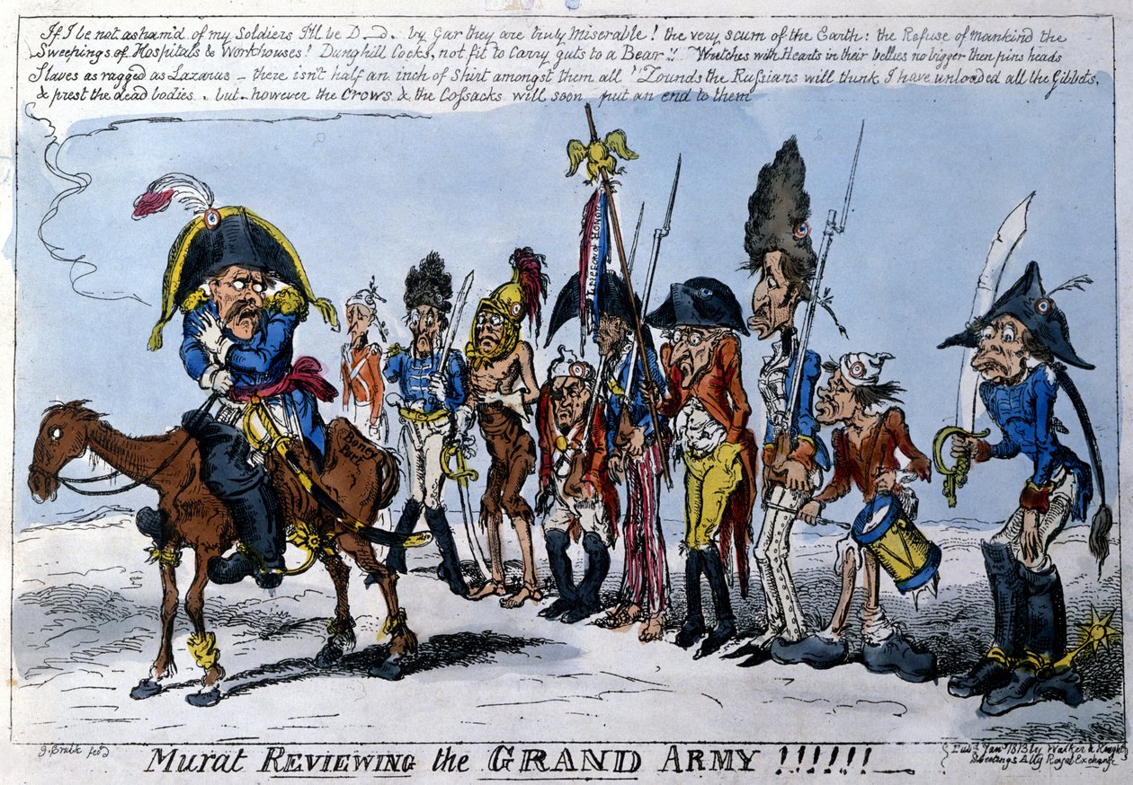 Angielska kreskówka przedstawiająca Joachima Murata (1767 - 1815), marszałka Imperium na czele Wielkiej Armii. Styczeń 1813 r. autorstwa English School