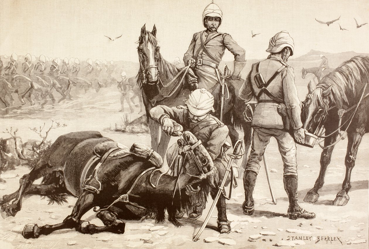 Angielska kawaleria pojąca konie podczas wojny mahdystów, Sudan, lata osiemdziesiąte XIX wieku (litho) autorstwa English School