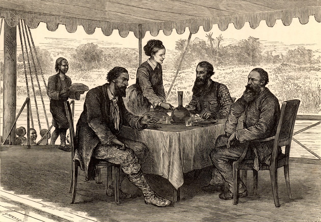 Angielscy odkrywcy John Hanning Speke (1827-1864) i James Augustus Grant (1827-1892) w Gondokoro w południowym Sudanie pod koniec wyprawy, gdzie spotkali ich Samuel (1821-1893) i Florence (1841-1916) Baker (rycina) autorstwa English School