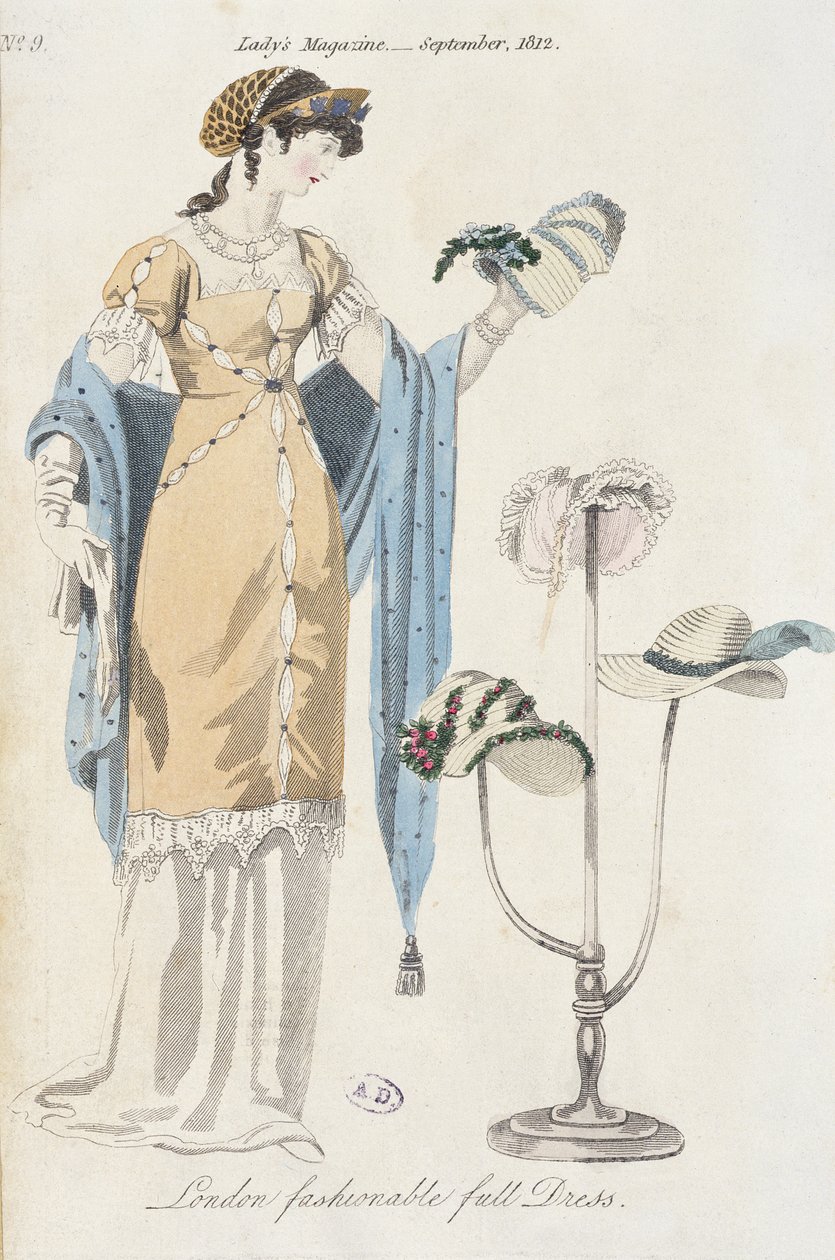 Angielska tabliczka z modą przedstawiająca młodą kobietę wybierającą kapelusz, 1812 autorstwa English School