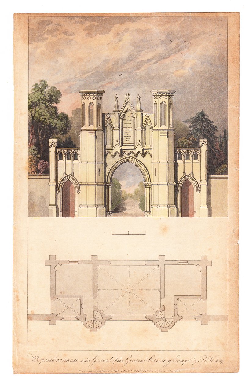Wejście na cmentarz Highgate opublikowane przez The Lady Magazine, około 1839 r. autorstwa English School