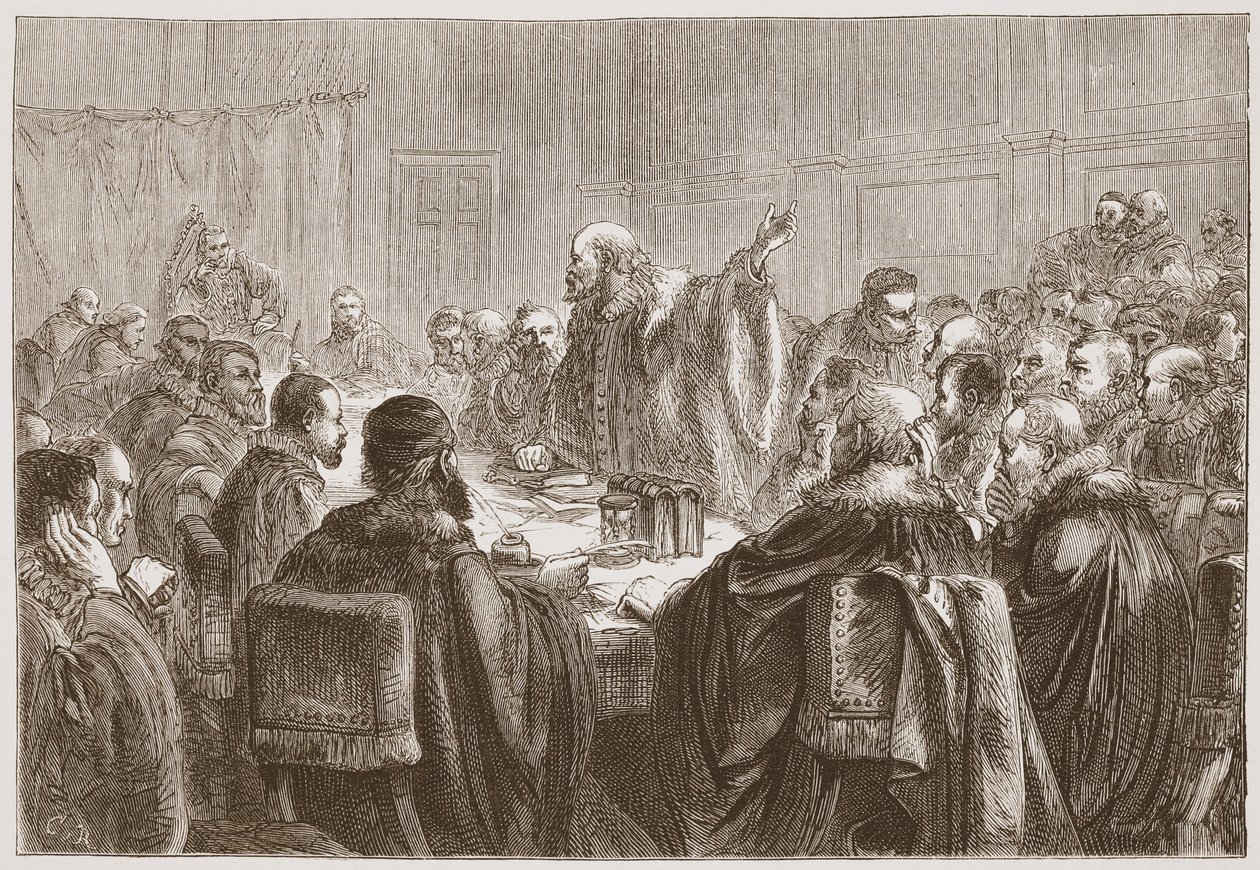 Episcopius zwracając się do członków Synodu w Dort, ilustracja z Historii protestantyzmu Jamesa Aitkena Wylie (1808-1890), wyd. 1878 autorstwa English School