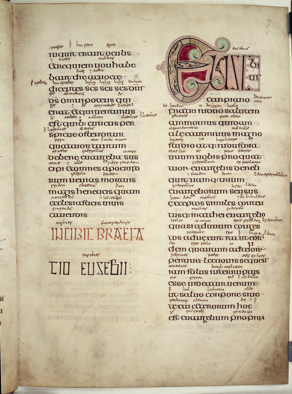 List Euzabiusza do Karpiana, z „Ewangelii z Lindisfarne”, 710-21 (welum) autorstwa English School
