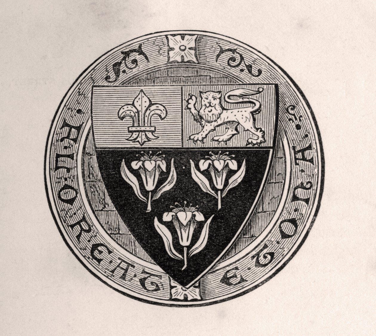 Tarcza Eton nałożona na koło z mottem szkolnym, ilustracja z Pamiętników wybitnych Etonian, autorstwa Sir Edwarda Creasy