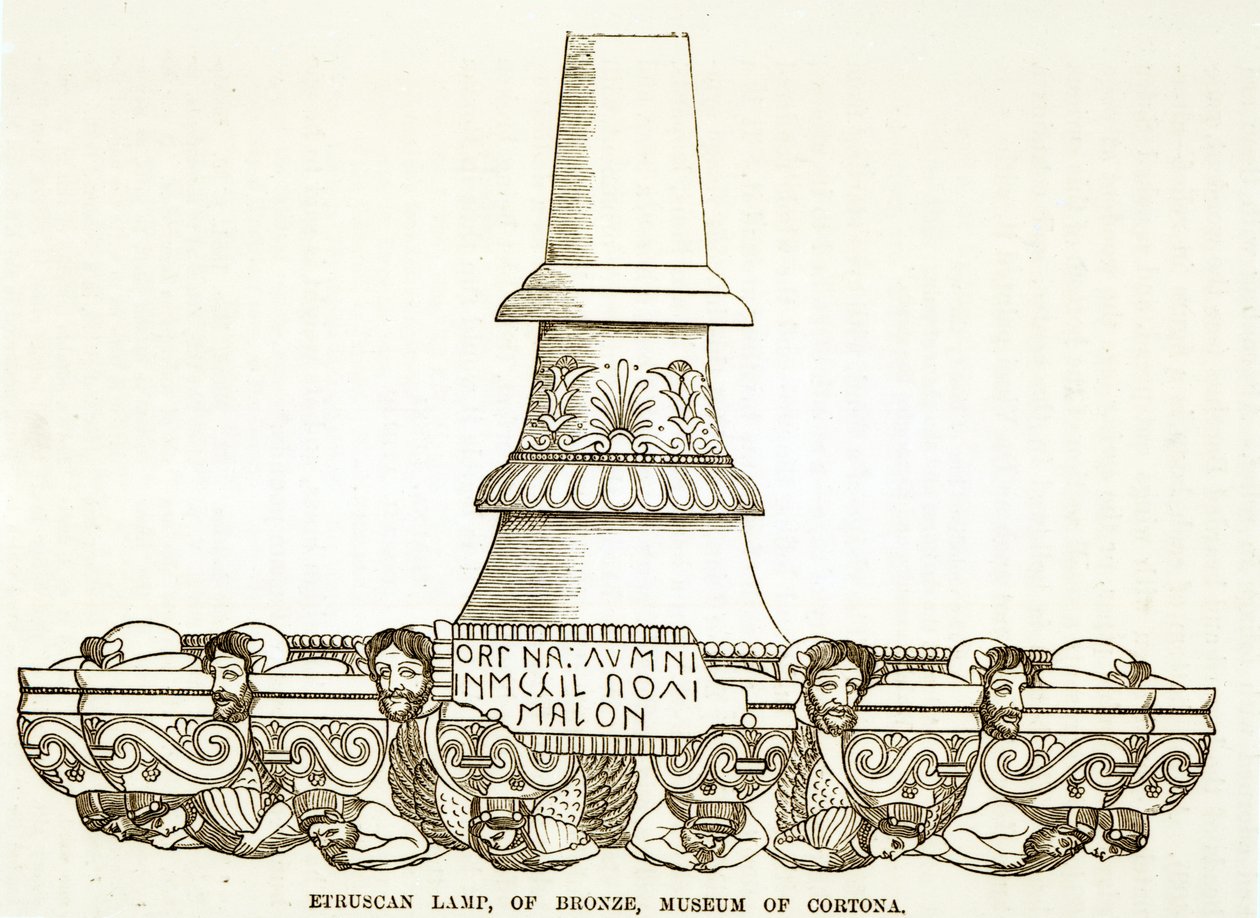 Etruska lampa z brązu w Muzeum Cortona (grafika) (zdjęcie czarno-białe) autorstwa English School