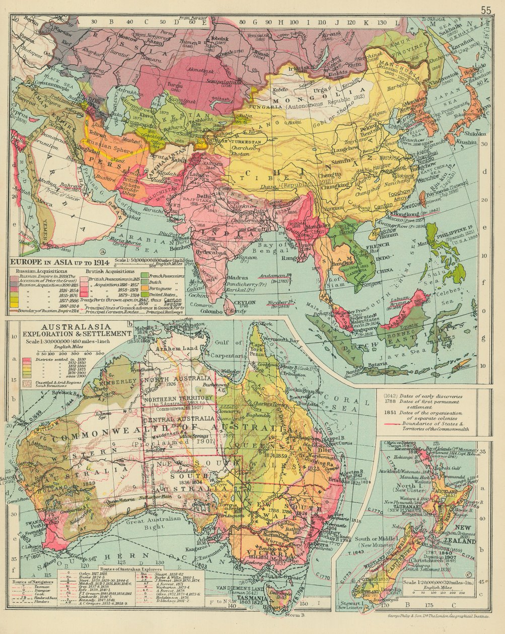 Europa w Azji do 1914 r. Australasia Exploration  Settlement (kolorowa litografia) autorstwa English School