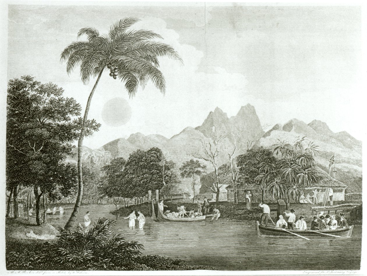Europejscy misjonarze w wiosce na Tahiti, od Podróży misyjnej do południowego Pacyfiku odbytej w latach 1796-98 w Ship Duff, opublikowane w 1799 autorstwa English School