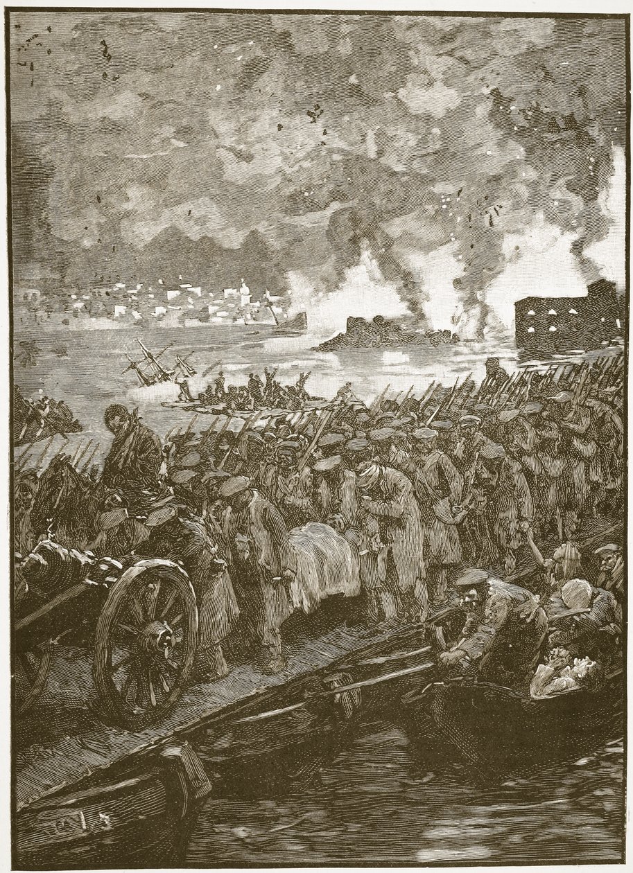 Ewakuacja Sewastopola, ilustracja z Ilustrowanej Historii Anglii Cassella (zdjęcie w sepii) autorstwa English School