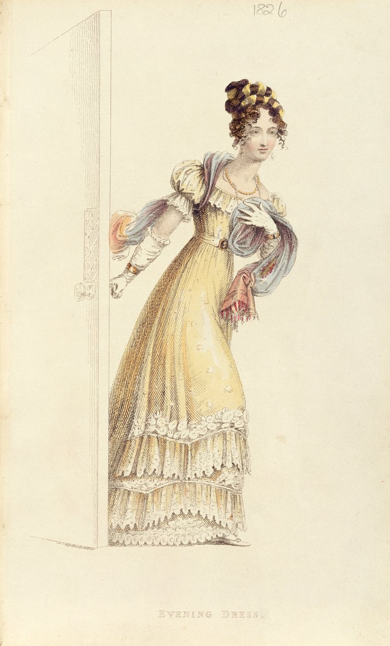 Suknia wieczorowa, talerz z modą z Ackermanns Repository of Arts autorstwa English School