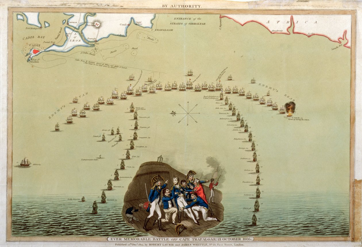 Ever Memorable Battle off Cape Trafalgar, 21 października 1805, opublikowana przez Laurie & Whittle, 12 grudnia 1805 (kolorowa akwatinta) autorstwa English School