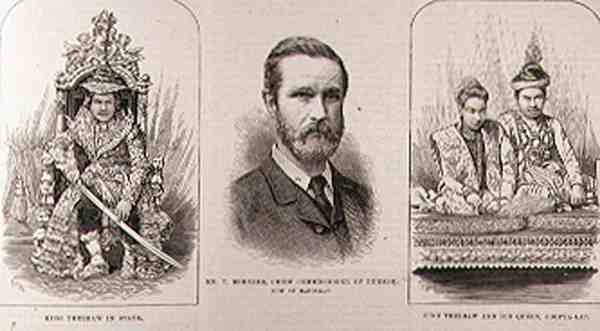 Wyprawa do Górnej Birmy: stanowy król Theebaw (1858-1916), pan T. Bernard, główny komisarz Birmy, obecnie w Mandalay, król Theebaw i jego królowa Soopya-Lat, z The Illustrated London News, autorstwa English School