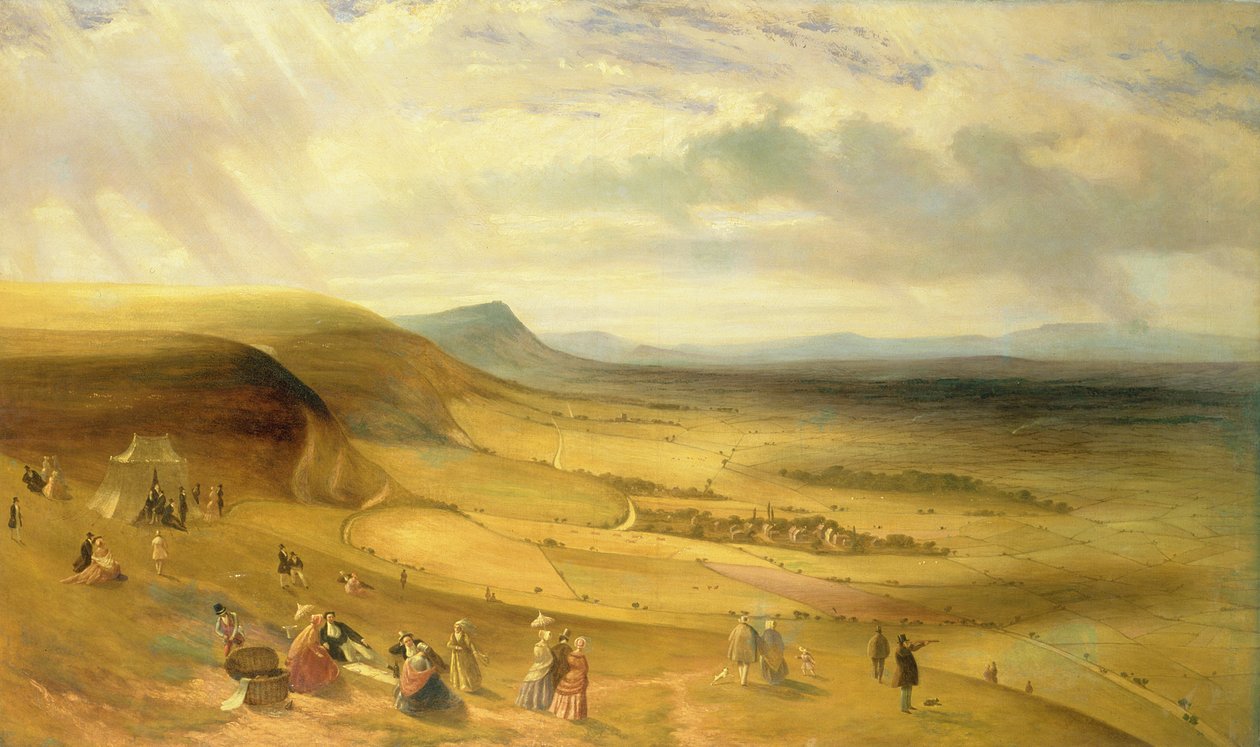 Rozległy widok na Diabelską Dyke, Newmarket z piknikami szlacheckimi, ok. 1840 r. autorstwa English School