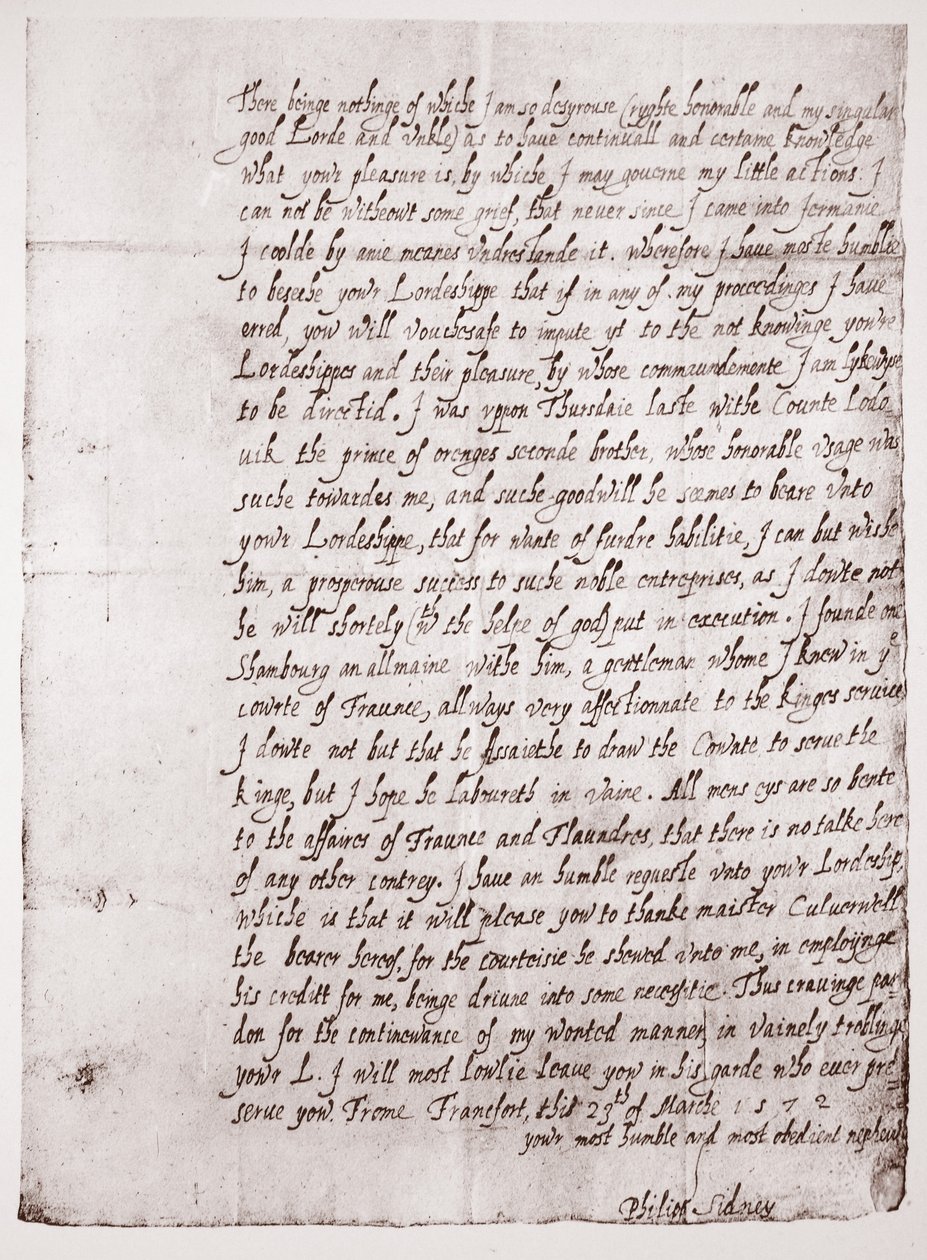 Faksymile pisma Philipa Sidneya w wieku 18 lat, 23 marca 1572 r. autorstwa English School