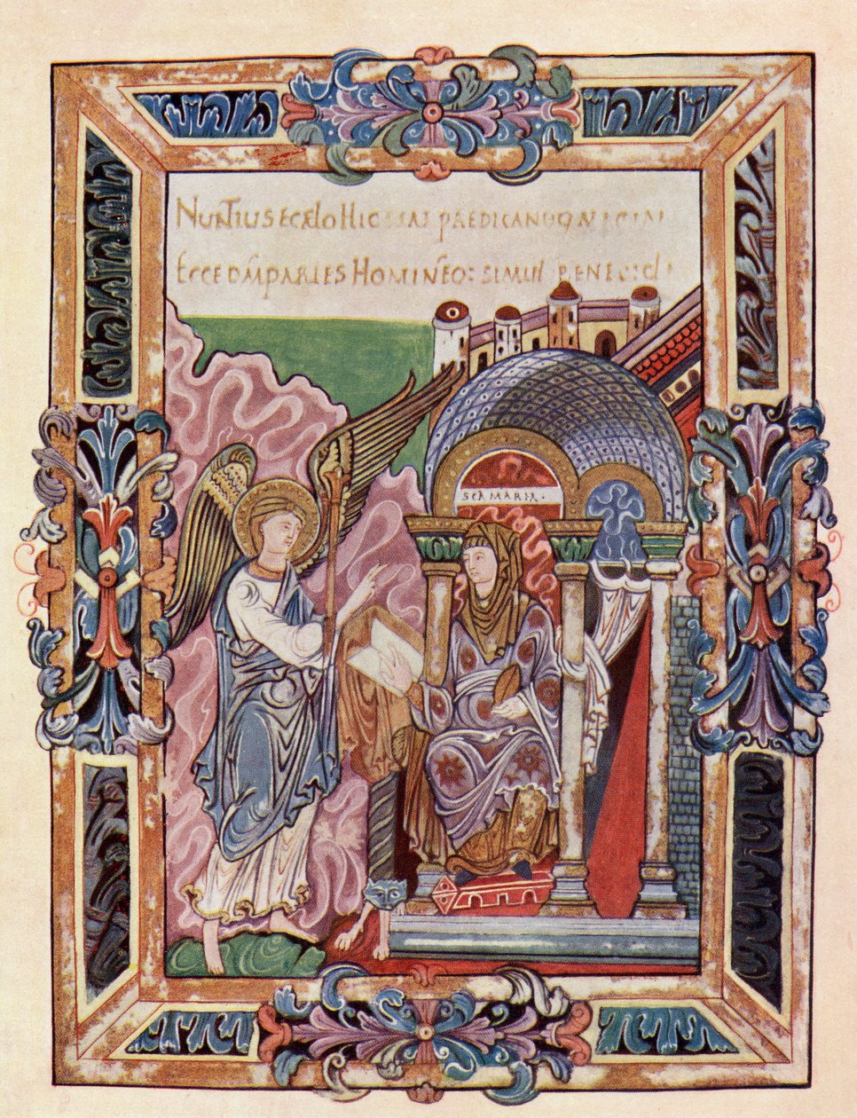 Faksymile strony z Benedyktu Ethelwolda przedstawiającego Zwiastowanie, z książki The Church of England: A History for the People, wydanej ok. 1910 r. autorstwa English School