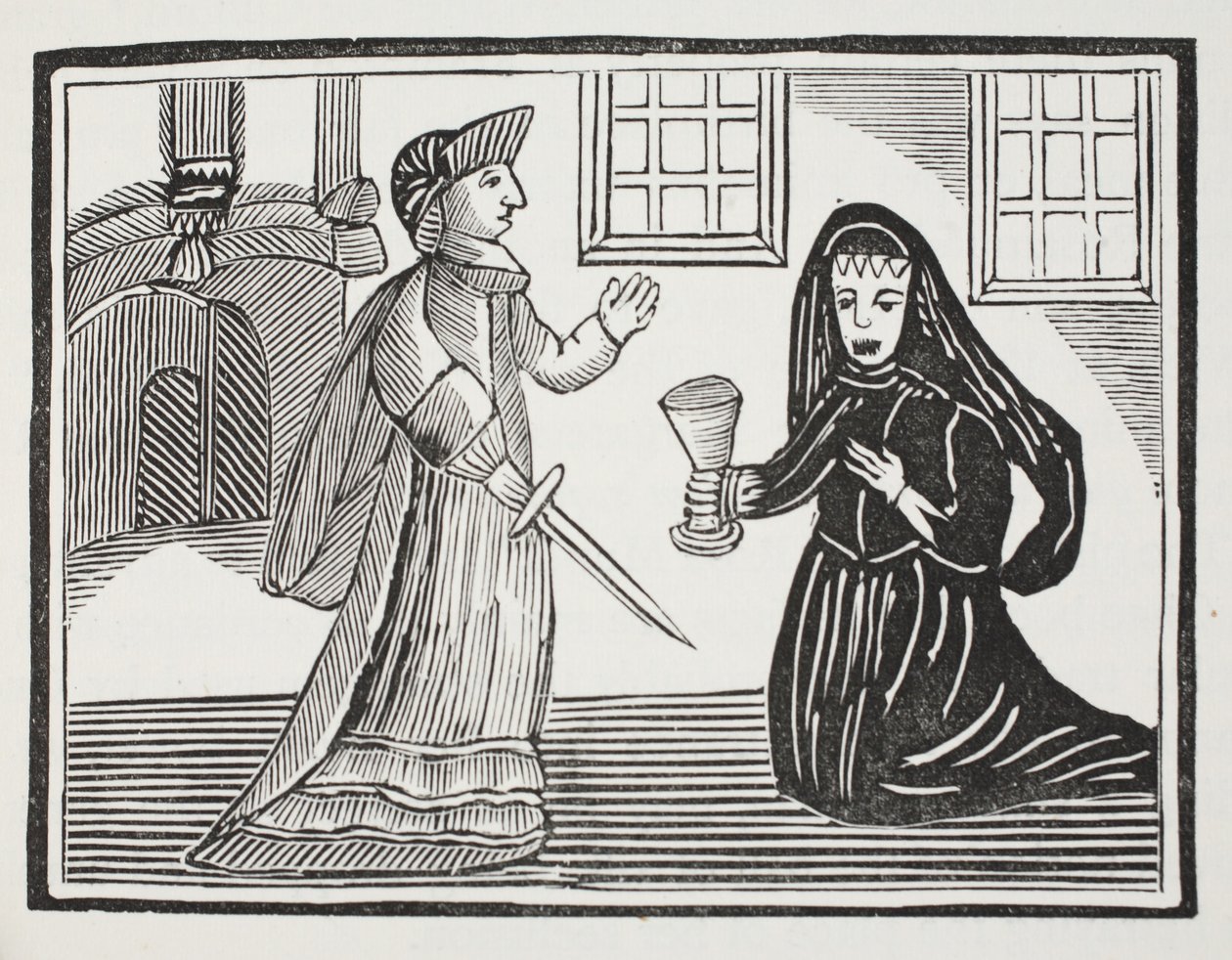 Fair Rosamond otruta przez królową Eleonorę, ilustracja z książki Chap z XVIII wieku autorstwa Johna Ashtona, wyd. 1882 autorstwa English School