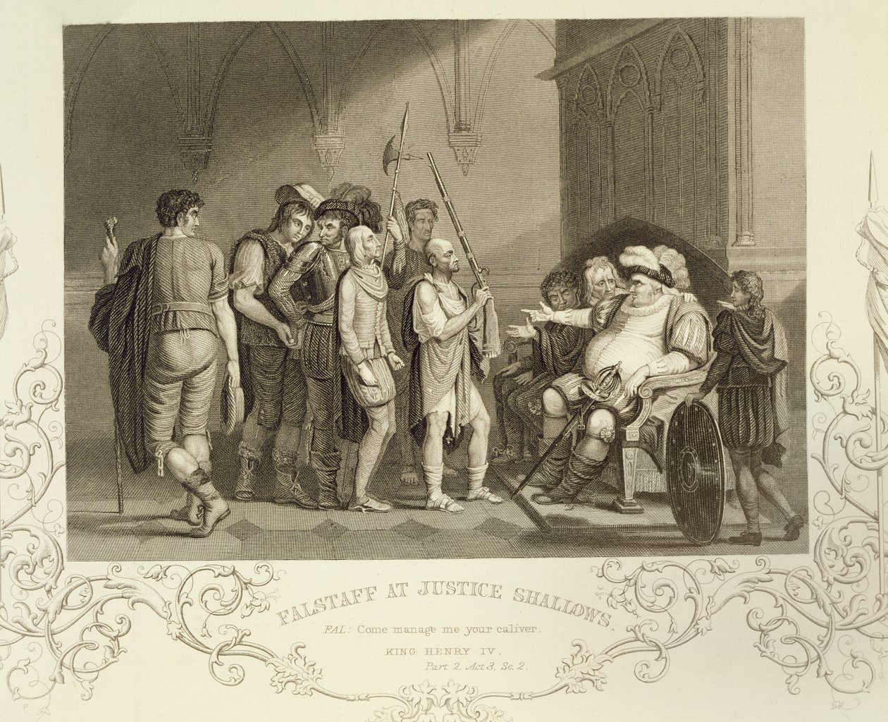 Falstaff w Justice Shallows, w Henryk IV (część 2) Akt III, scena 2, William Shakespeare (1564-1616) autorstwa English School