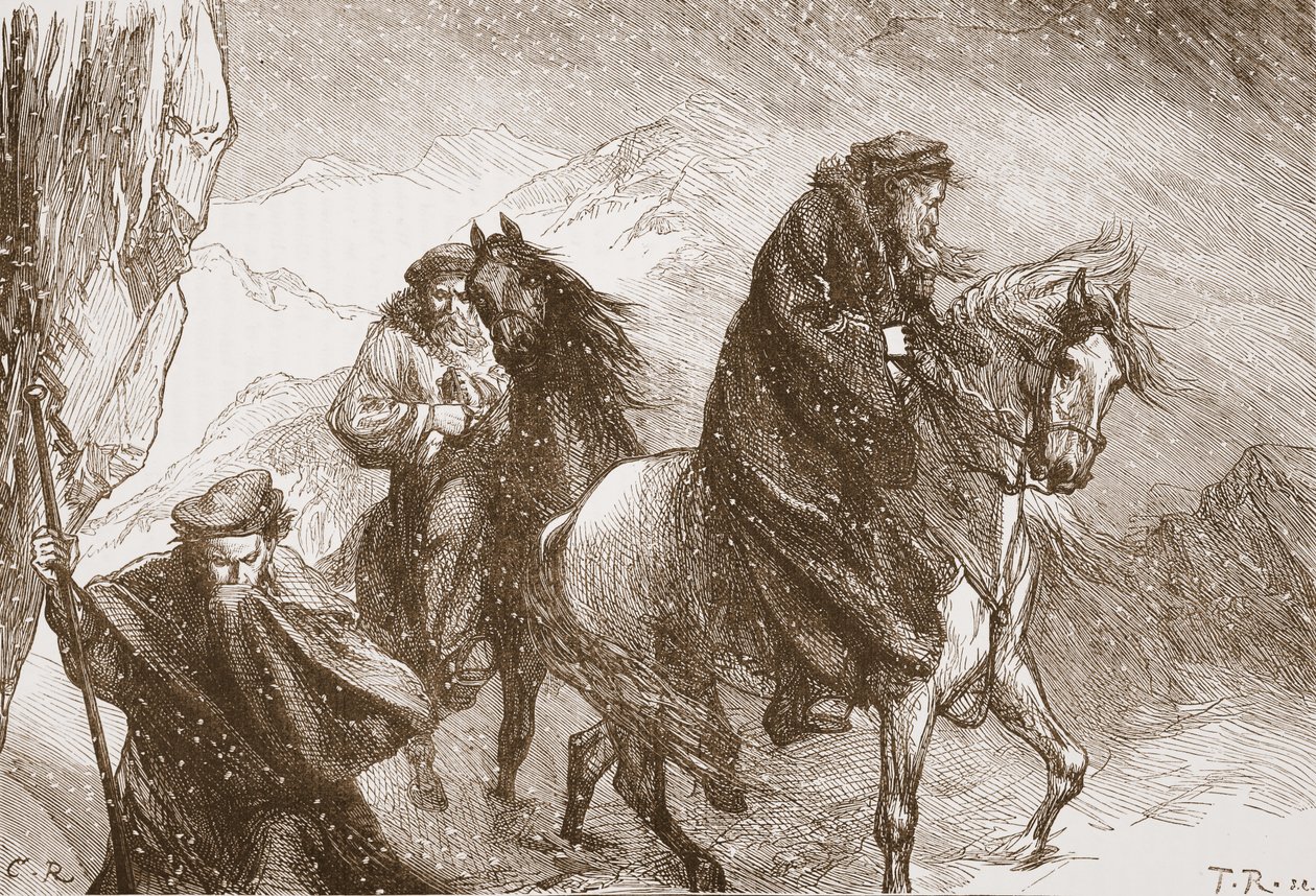 Farel i jego towarzysze wędrujący przez Alpy, ilustracja z Historii protestantyzmu Jamesa Aitkena Wylie (1808-1890), wyd. 1878 autorstwa English School