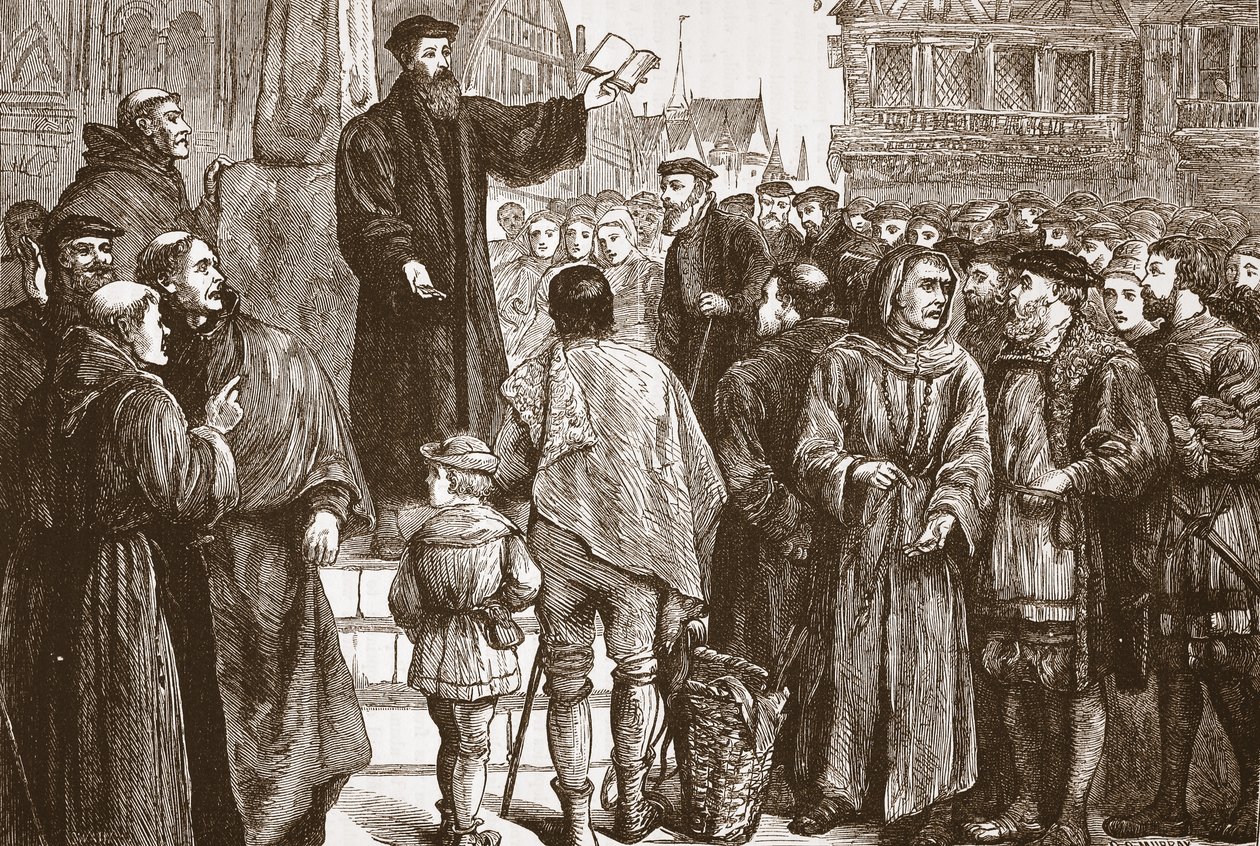 Kazanie Farel na rynku w Neuchatel, ilustracja z Historii protestantyzmu Jamesa Aitkena Wylie (1808-1890), wyd. 1878 autorstwa English School
