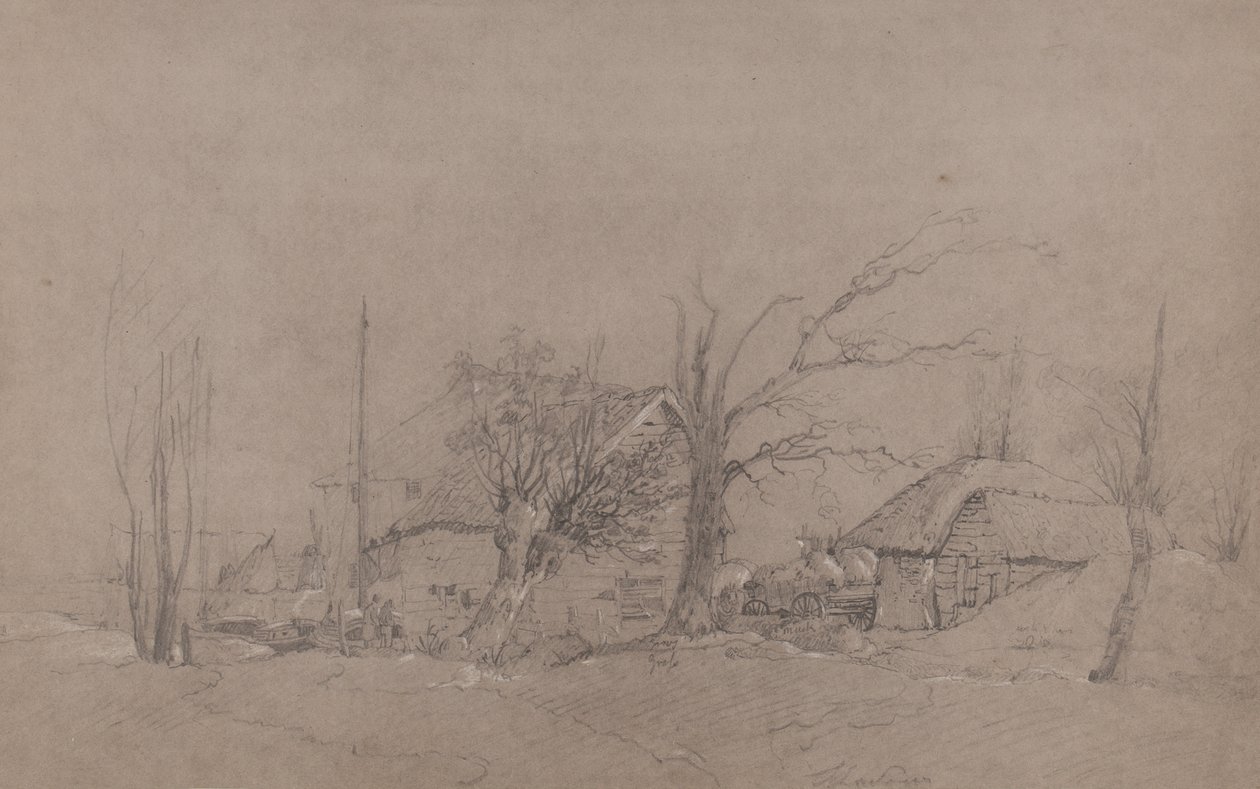 Zabudowania gospodarcze nad brzegiem rzeki, ok.1840 autorstwa English School