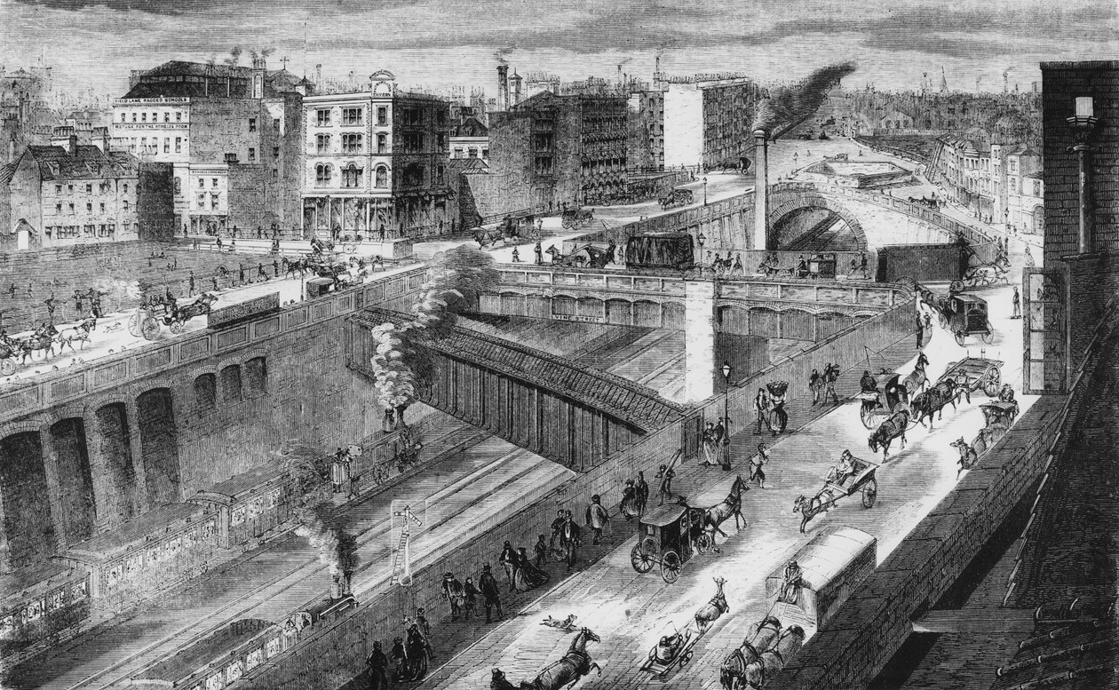 Farringdon Road i Metropolitan Railway patrząc na północ autorstwa English School