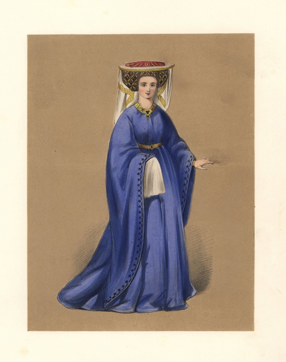 Moda za panowania króla Henryka IV i V, ilustracja z „Kostiumów dam brytyjskich od czasów Wilhelma I do panowania królowej Wiktorii” autorstwa English School