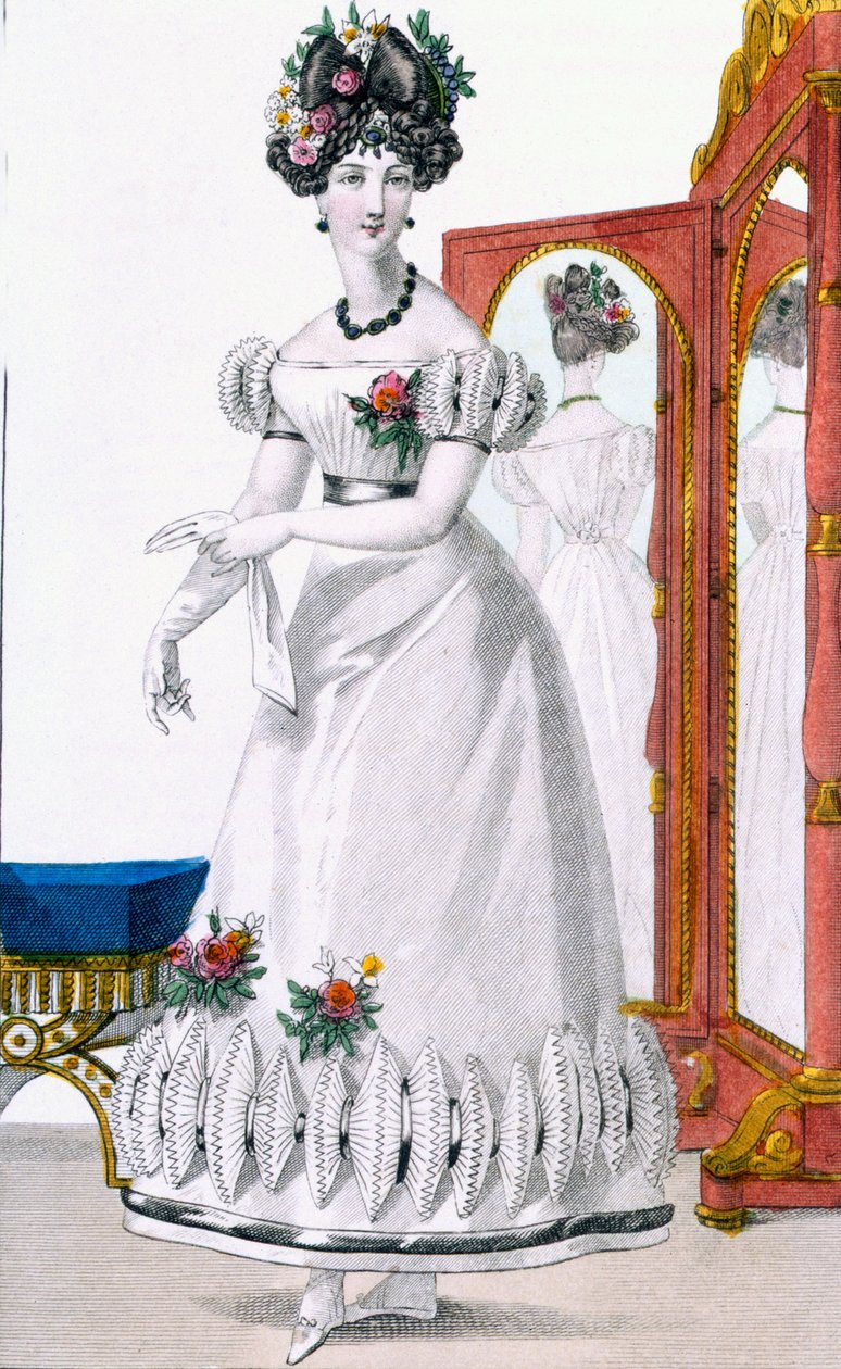 Talerz z modą damy w stroju wieczorowym, reklama z "Modes de Paris", ok. 1825 (kolorowy grawer) (detal 100997) autorstwa English School