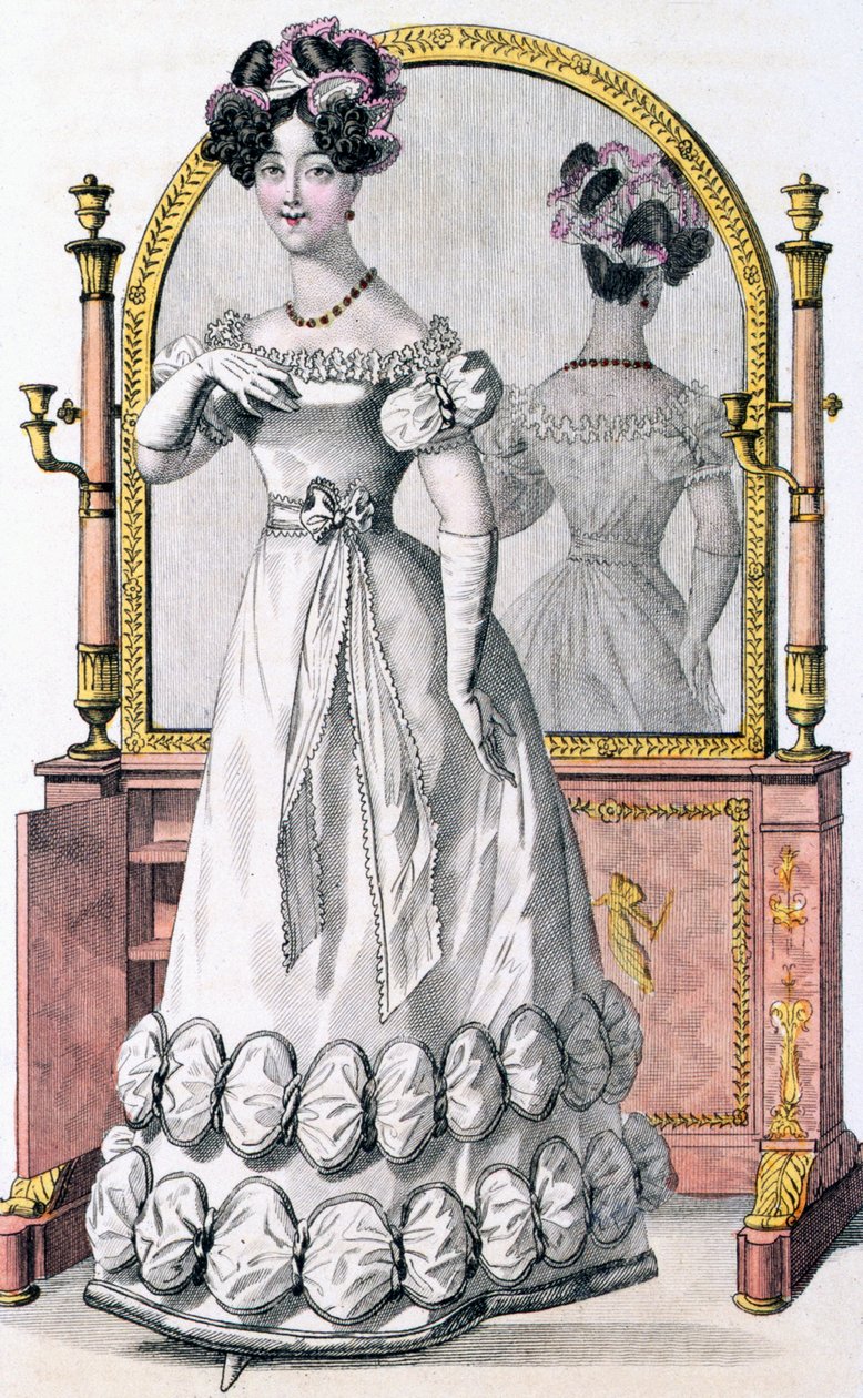 Talerz z modą damy w stroju wieczorowym, reklama z "Modes de Paris", ok. 1825 (kolorowy grawer) (detal 100997) autorstwa English School