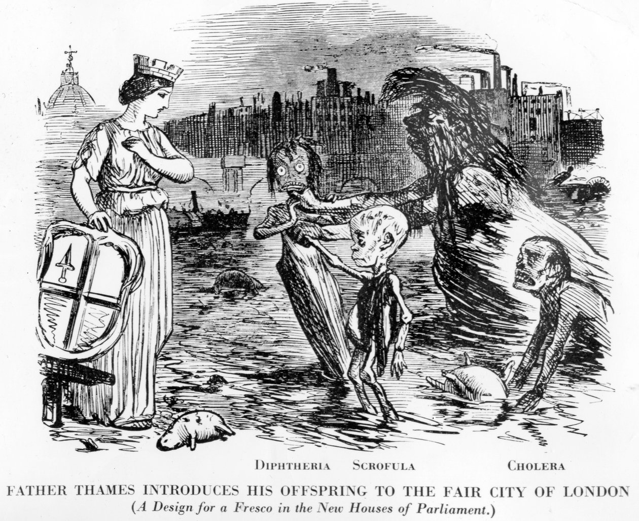 Ojciec Thames przedstawia swoje potomstwo w Fair City of London, potomstwo to dyfteryt, skrofula i cholera. Bardziej otwarty kanał niż rzeka, obrzydliwy stan Tamizy w Londynie. autorstwa English School