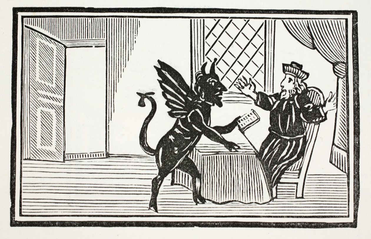 Faust ostrzeżony przez Ducha, by oczekiwał swego końca, ilustracja z ksiąg rozdziałów XVIII wieku autorstwa Johna Ashtona, wyd. 1882 autorstwa English School