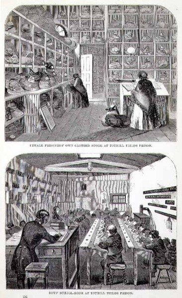 Własny sklep z ubraniami dla kobiet więźniów i sala szkolna dla chłopców w więzieniu Tothill Fields, z „The Criminal Prisons of London and Scenes of Prison Life” autorstwa Henry