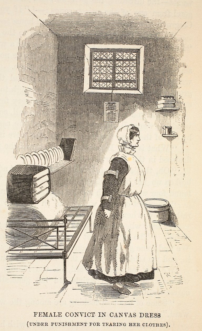 Skazana kobieta w płóciennej sukience (pod karą za rozdarcie ubrania), ilustracja z The Criminal Prisons of London i Scenes from Prison Life autorstwa Henry