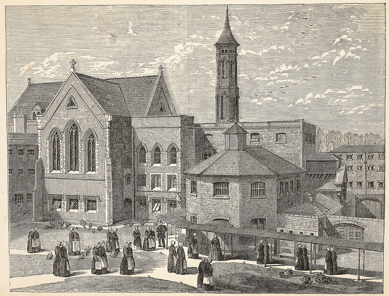 Skazańcy ćwiczący na przewietrzniku w więzieniu w Brixton, ilustracja z The Criminal Prisons of London i Scenes from Prison Life autorstwa Henry