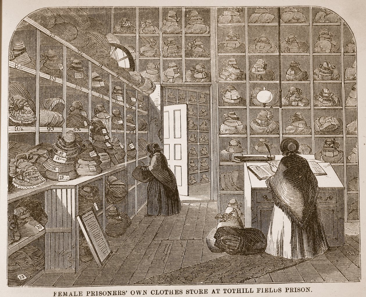 Więźniarki posiadają sklep odzieżowy w więzieniu Tothill Fields, ilustracja z The Criminal Prisons of London i Scenes from Prison Life autorstwa Henry