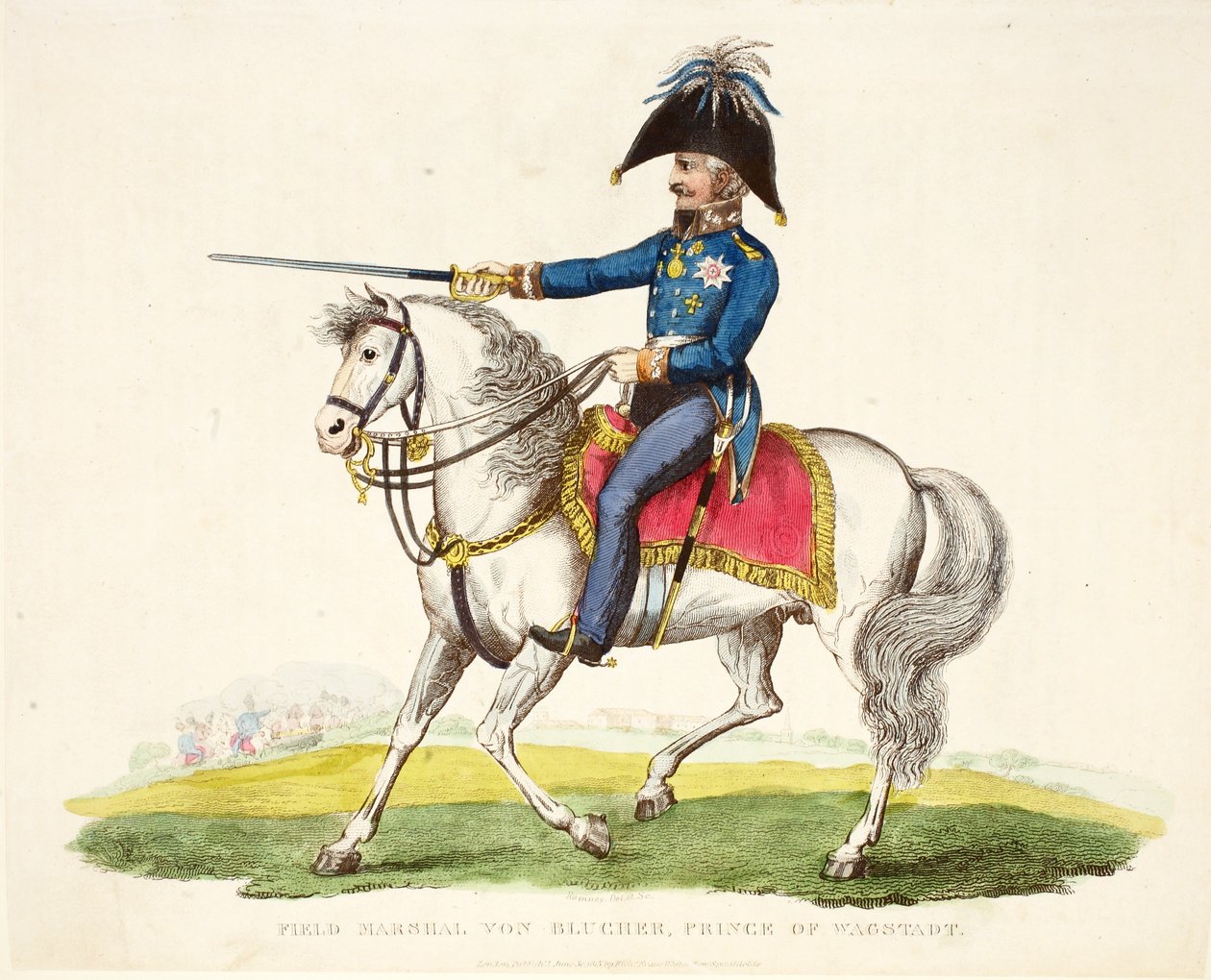 Feldmarszałek von Blucher, książę Wagstadt, wyd. Richard Evans, inż Romney, ilustracja z Historycznego sprawozdania z bitwy pod Waterloo autorstwa Williama Mudforda, 1816 autorstwa English School