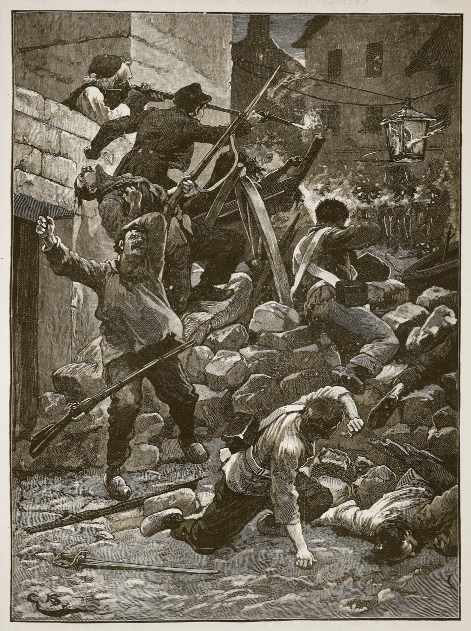 Walka na barykadach w Paryżu, ilustracja z Cassells Illustrated History of England (zdjęcie w sepii) autorstwa English School