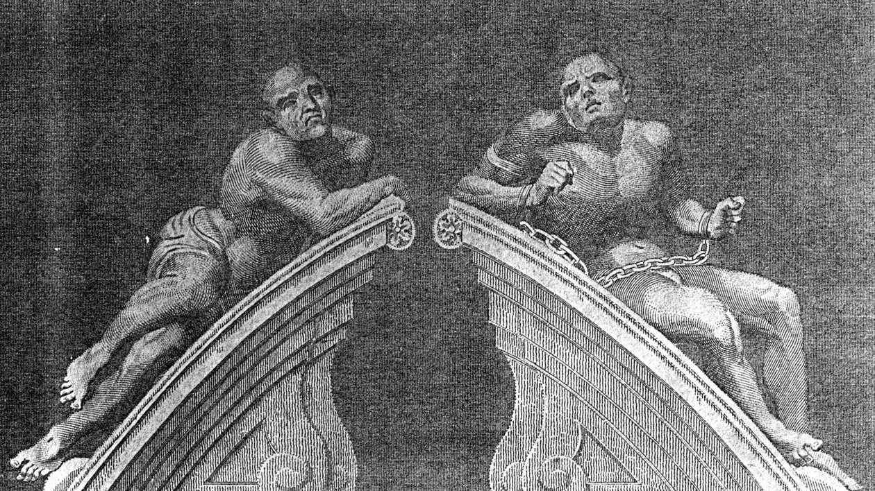 Figury nad Bramą Szpitala Betlejemskiego, grawerowane przez A. Birrella dla Lamberts History of London, 1805 autorstwa English School